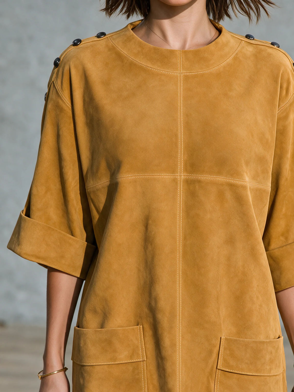 Marina Ginger Yellow Faux Suede Mini Dress with Shoulder Buttons and Patch Pockets – Sienna Noosa