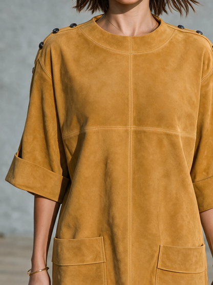 Marina Ginger Yellow Faux Suede Mini Dress with Shoulder Buttons and Patch Pockets – Sienna Noosa