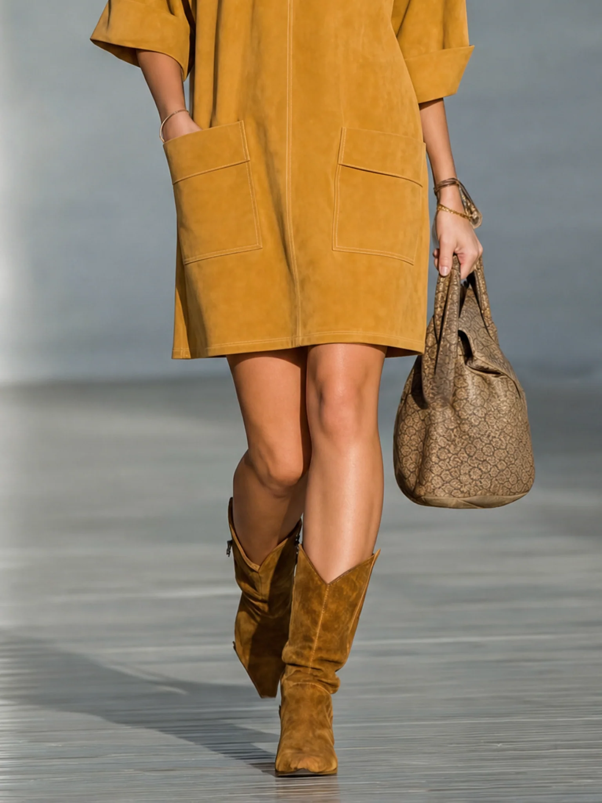 Marina Ginger Yellow Faux Suede Mini Dress with Shoulder Buttons and Patch Pockets – Sienna Noosa