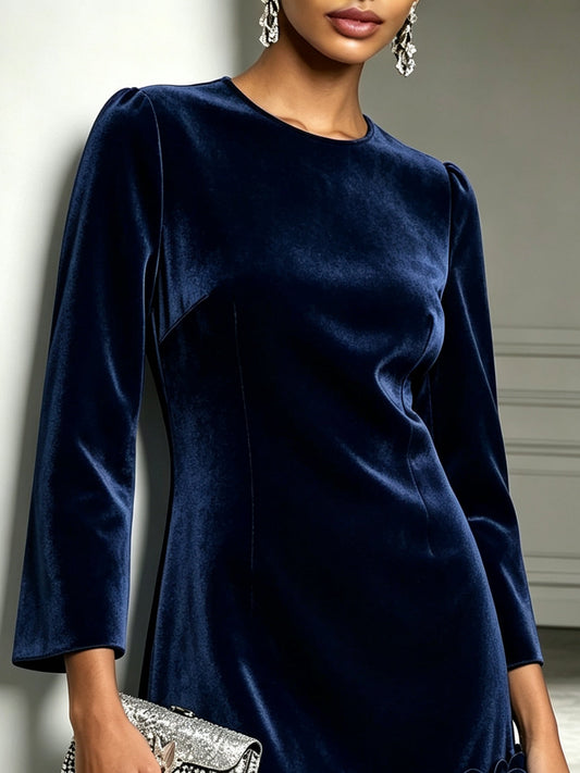 Laura Navy Velvet Mini Dress with Round Neck and Bold Floral Accents – Sienna Noosa