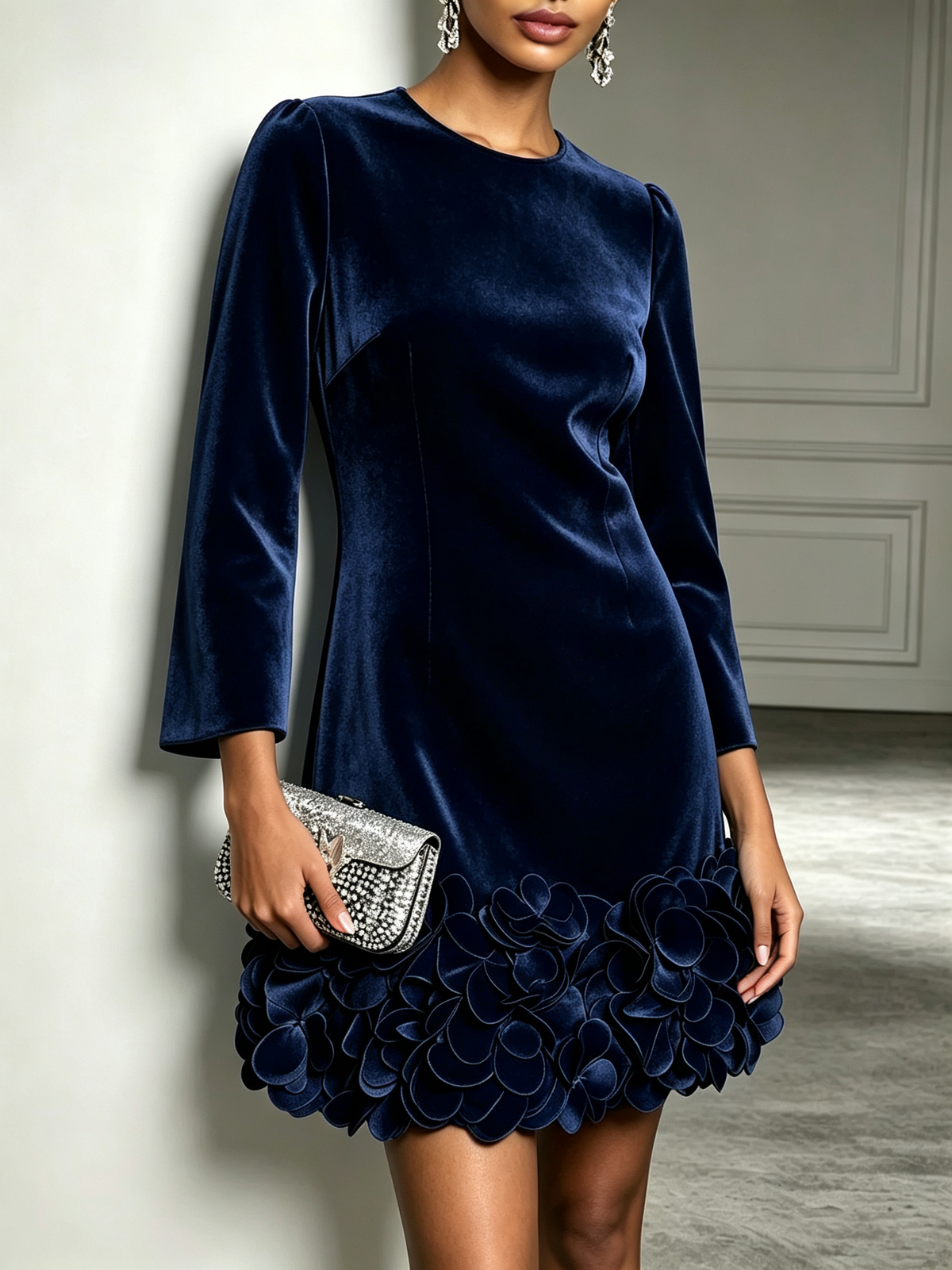 Laura Navy Velvet Mini Dress with Round Neck and Bold Floral Accents – Sienna Noosa