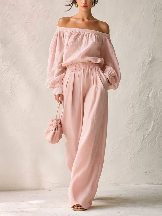 Tamara Pink Off the Shoulder Puff Sleeve Top and High Waisted Wide Leg Trousers Set – Sienna Noosa