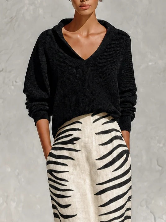 Black Collar Knit Top and Zebra Linen Midi Skirt Two-Piece Set – Sienna Noosa