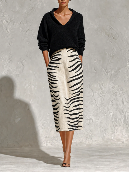 Black Collar Knit Top and Zebra Linen Midi Skirt Two-Piece Set – Sienna Noosa