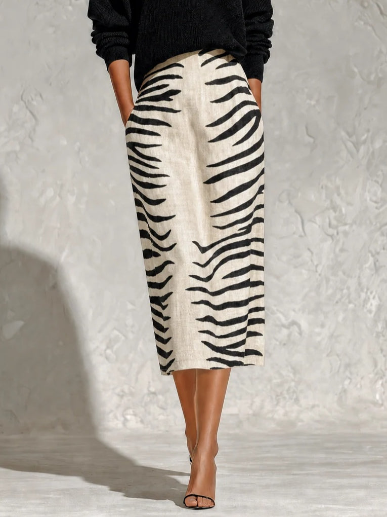 Black Collar Knit Top and Zebra Linen Midi Skirt Two-Piece Set – Sienna Noosa