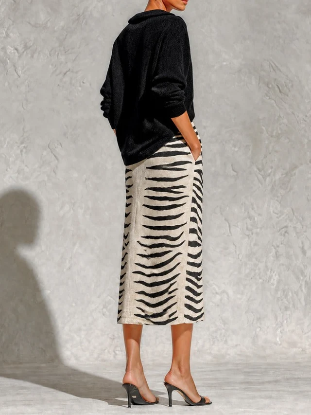 Black Collar Knit Top and Zebra Linen Midi Skirt Two-Piece Set – Sienna Noosa