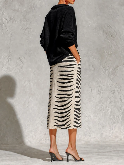 Black Collar Knit Top and Zebra Linen Midi Skirt Two-Piece Set – Sienna Noosa