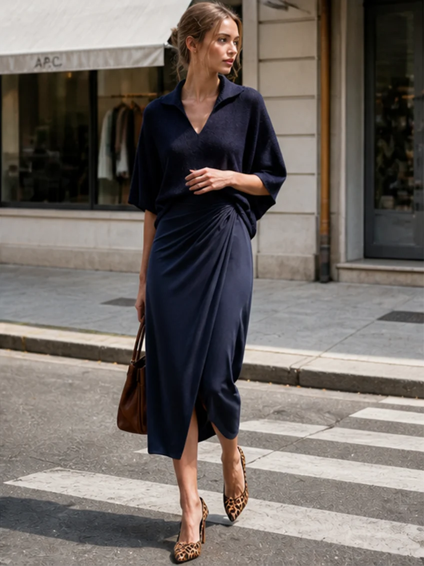 Navy Collar Batwing Knit Top and Draped Satin Wrap Midi Skirt Two-Piece Set – Sienna Noosa
