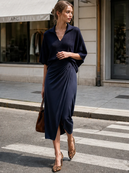 Navy Collar Batwing Knit Top and Draped Satin Wrap Midi Skirt Two-Piece Set – Sienna Noosa