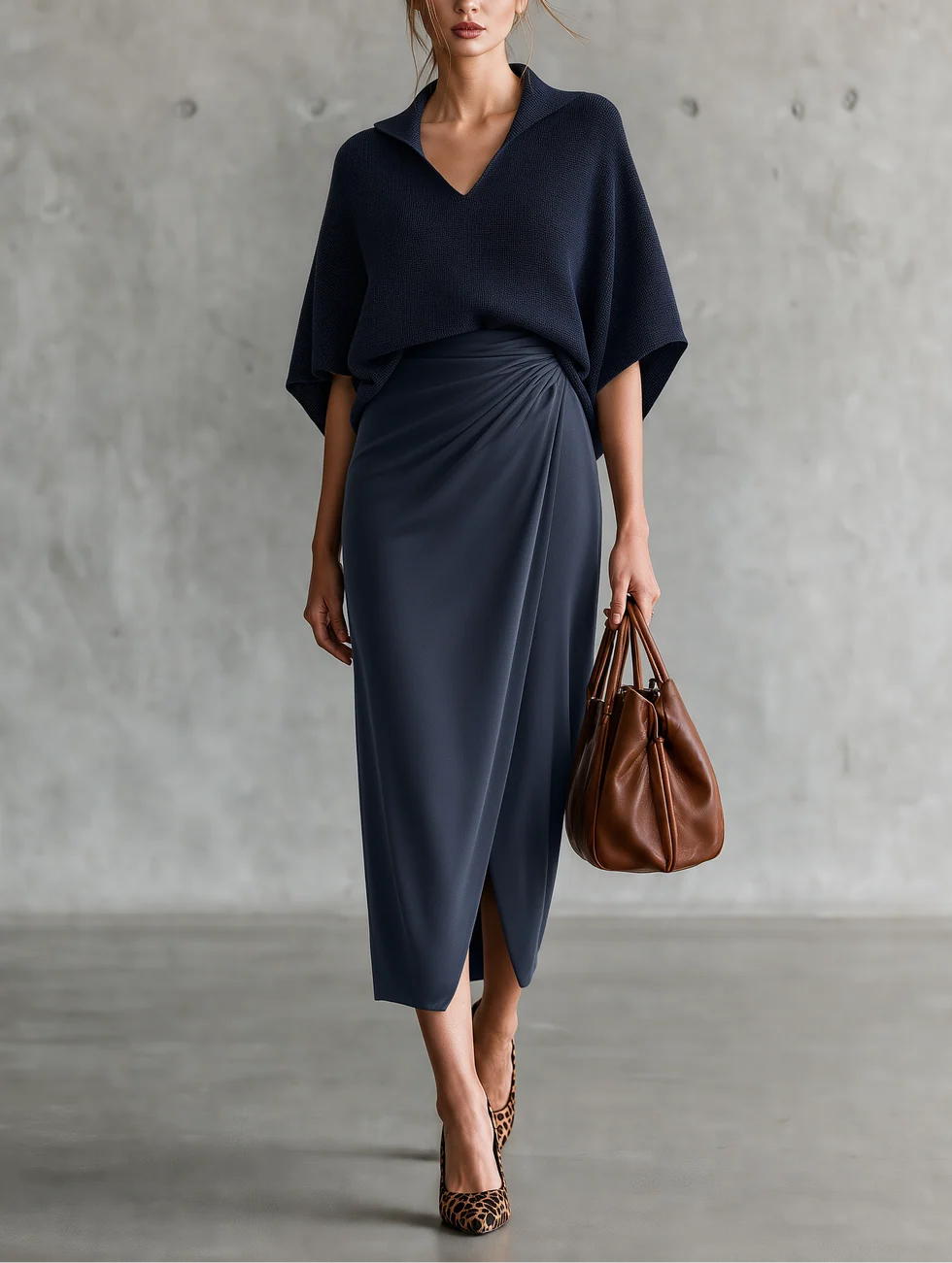 Navy Collar Batwing Knit Top and Draped Satin Wrap Midi Skirt Two-Piece Set – Sienna Noosa