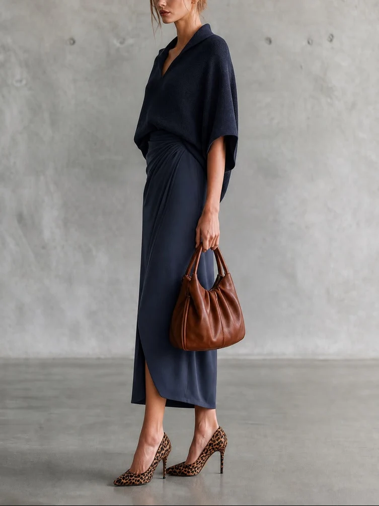 Navy Collar Batwing Knit Top and Draped Satin Wrap Midi Skirt Two-Piece Set – Sienna Noosa