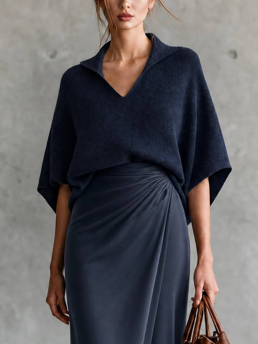 Navy Collar Batwing Knit Top and Draped Satin Wrap Midi Skirt Two-Piece Set – Sienna Noosa