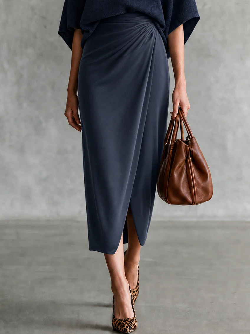Navy Collar Batwing Knit Top and Draped Satin Wrap Midi Skirt Two-Piece Set – Sienna Noosa