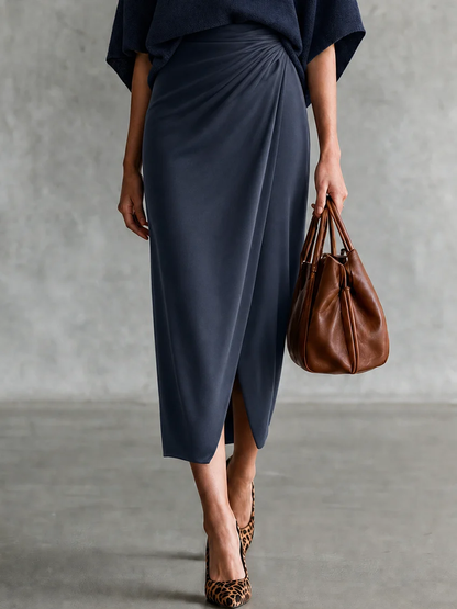 Navy Collar Batwing Knit Top and Draped Satin Wrap Midi Skirt Two-Piece Set – Sienna Noosa