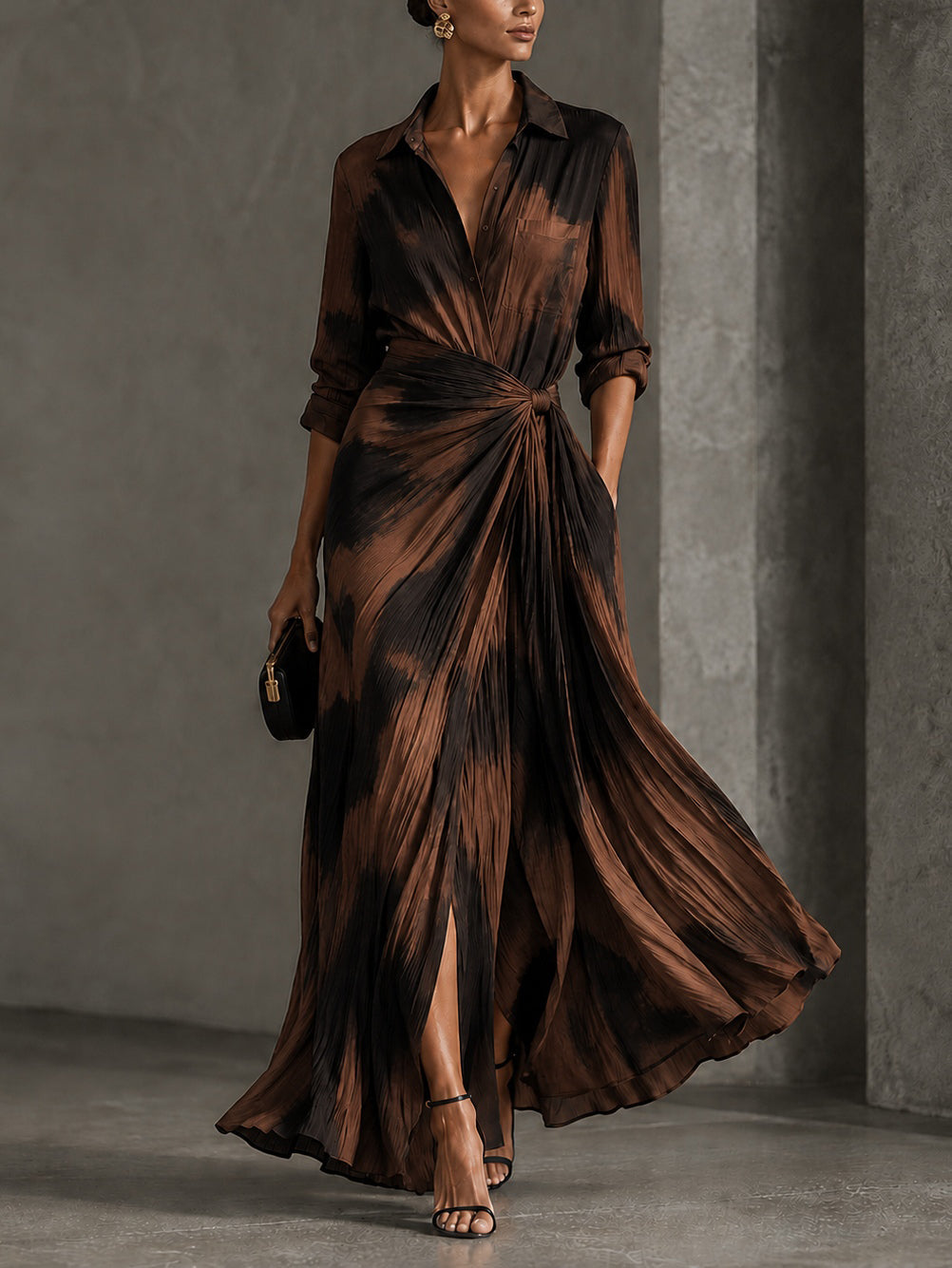 Brown Black Abstract Print Wrap Twist Front Maxi Shirt Dress – Sienna Noosa