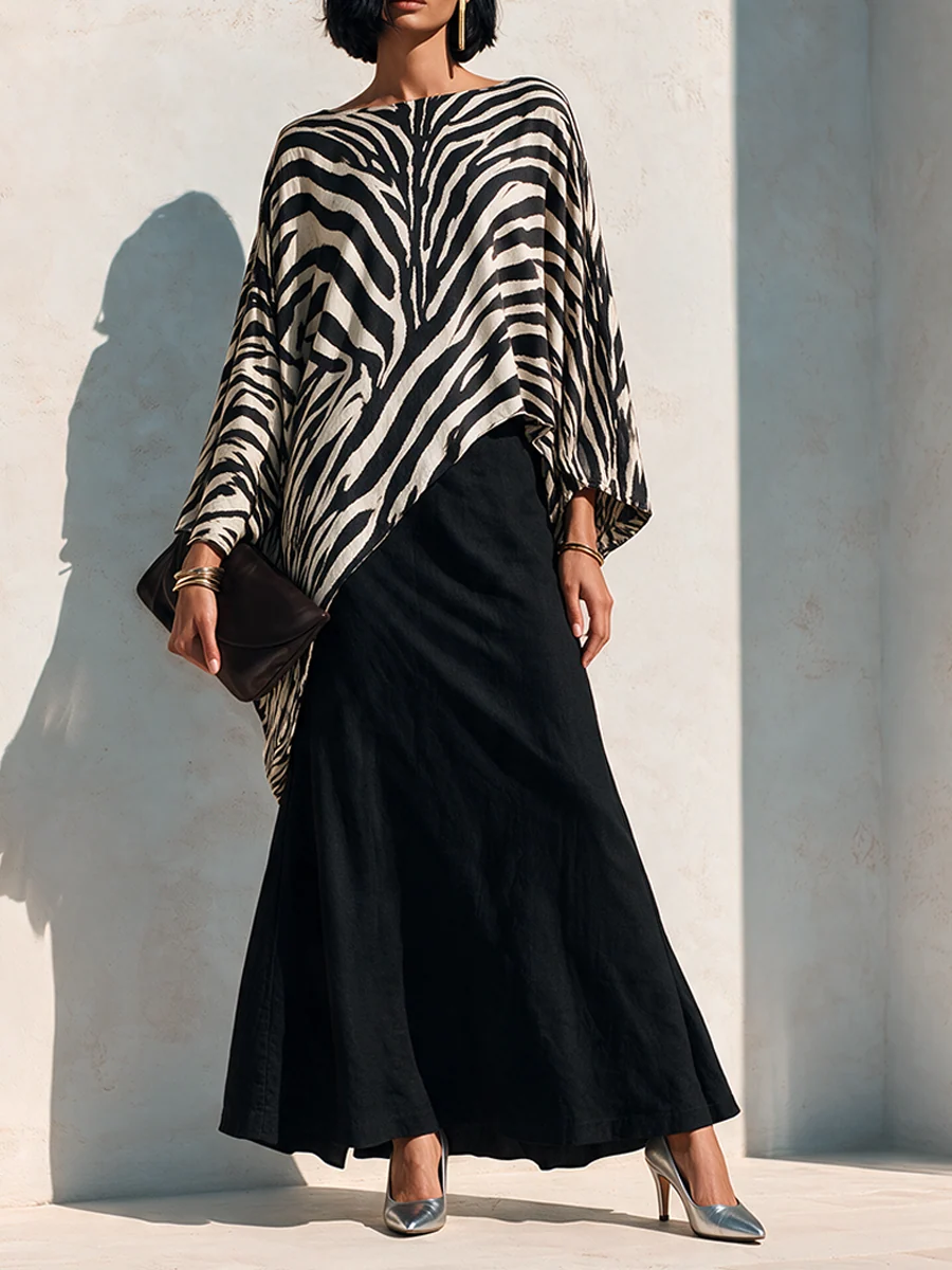 Black Zebra Asymmetrical Top and Black Drape Skirt Two-Piece Set – Sienna Noosa