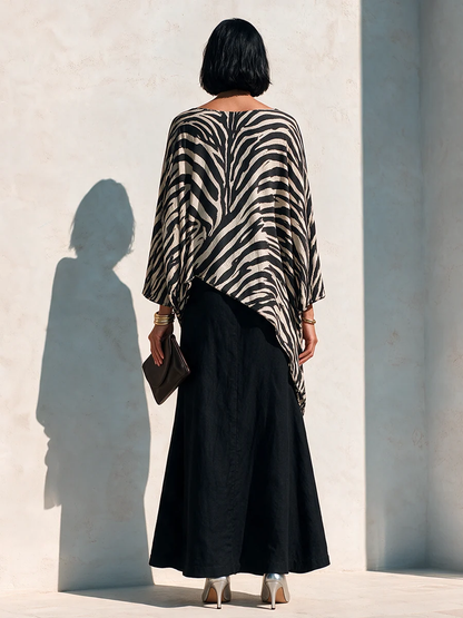 Black Zebra Asymmetrical Top and Black Drape Skirt Two-Piece Set – Sienna Noosa