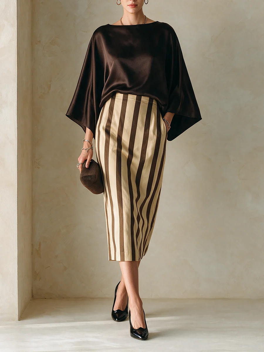 Brown Satin Batwing-sleeve Top And Striped Skirt Set – Sienna Noosa