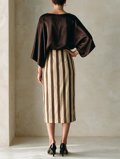 Brown Satin Batwing-sleeve Top And Striped Skirt Set – Sienna Noosa