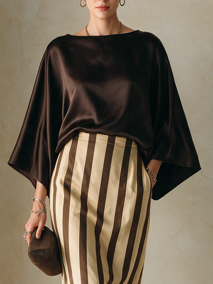 Brown Satin Batwing-sleeve Top And Striped Skirt Set – Sienna Noosa