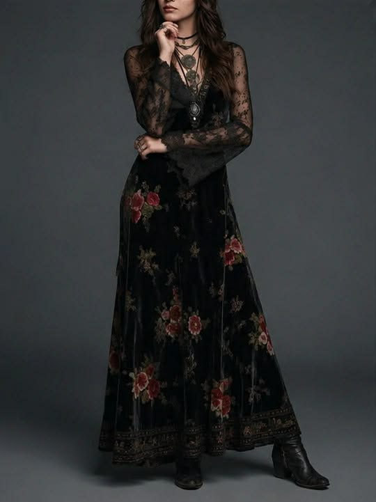Rosalinda Black Velvet Maxi Dress with Floral Print and Lace Sleeves – Sienna Noosa