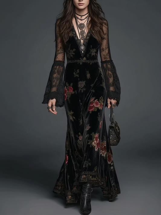 Rosalinda Black Velvet Maxi Dress with Floral Print and Lace Sleeves – Sienna Noosa