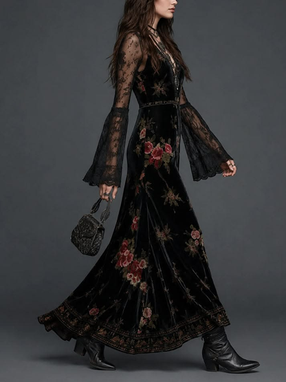 Rosalinda Black Velvet Maxi Dress with Floral Print and Lace Sleeves – Sienna Noosa