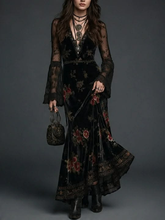 Rosalinda Black Velvet Maxi Dress with Floral Print and Lace Sleeves – Sienna Noosa
