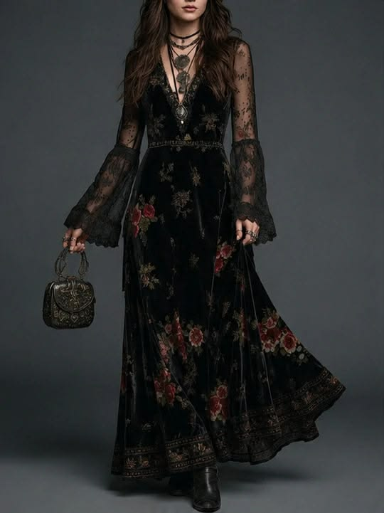 Rosalinda Black Velvet Maxi Dress with Floral Print and Lace Sleeves – Sienna Noosa