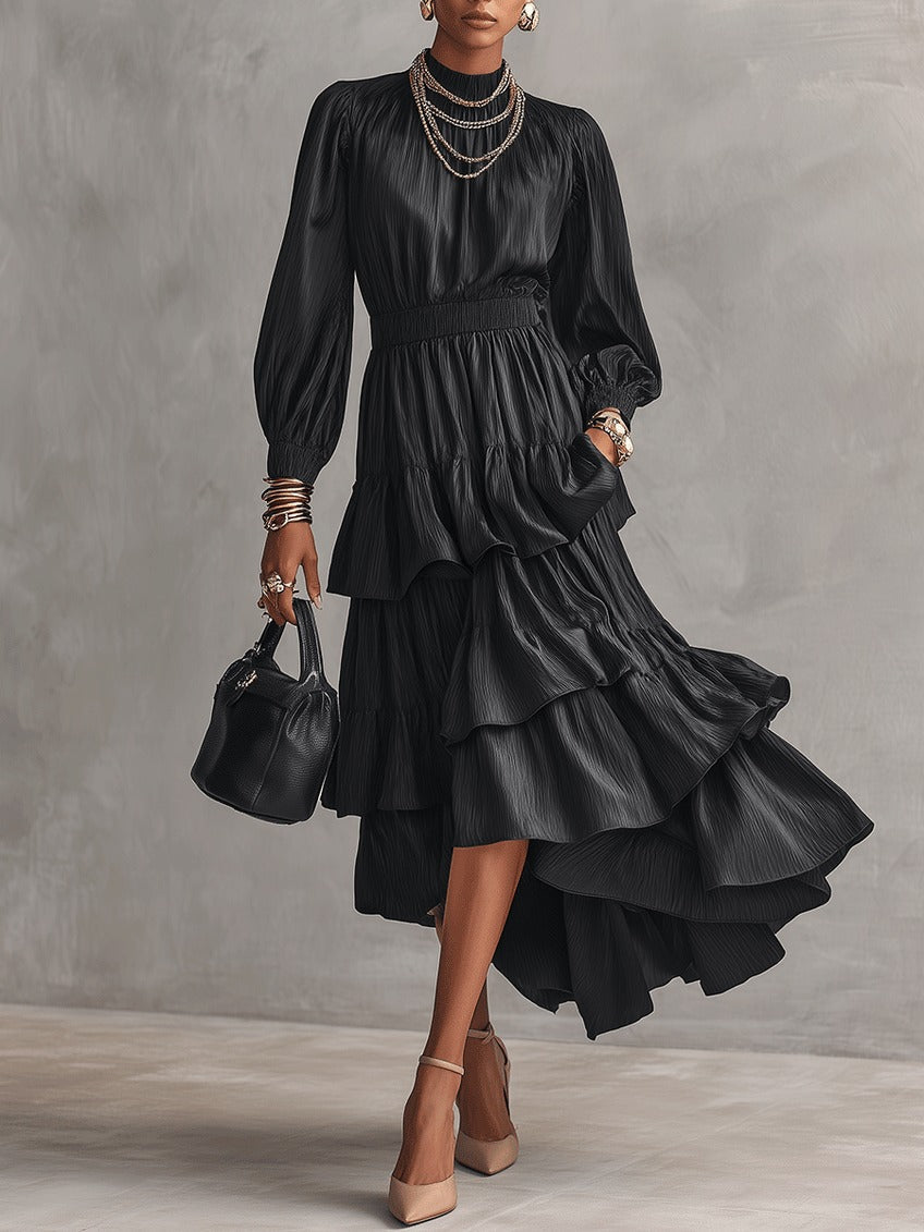 Black Plissé Satin Tiered‑Ruffle High‑Low Maxi Dress – Sienna Noosa
