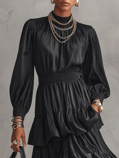 Black Plissé Satin Tiered‑Ruffle High‑Low Maxi Dress – Sienna Noosa