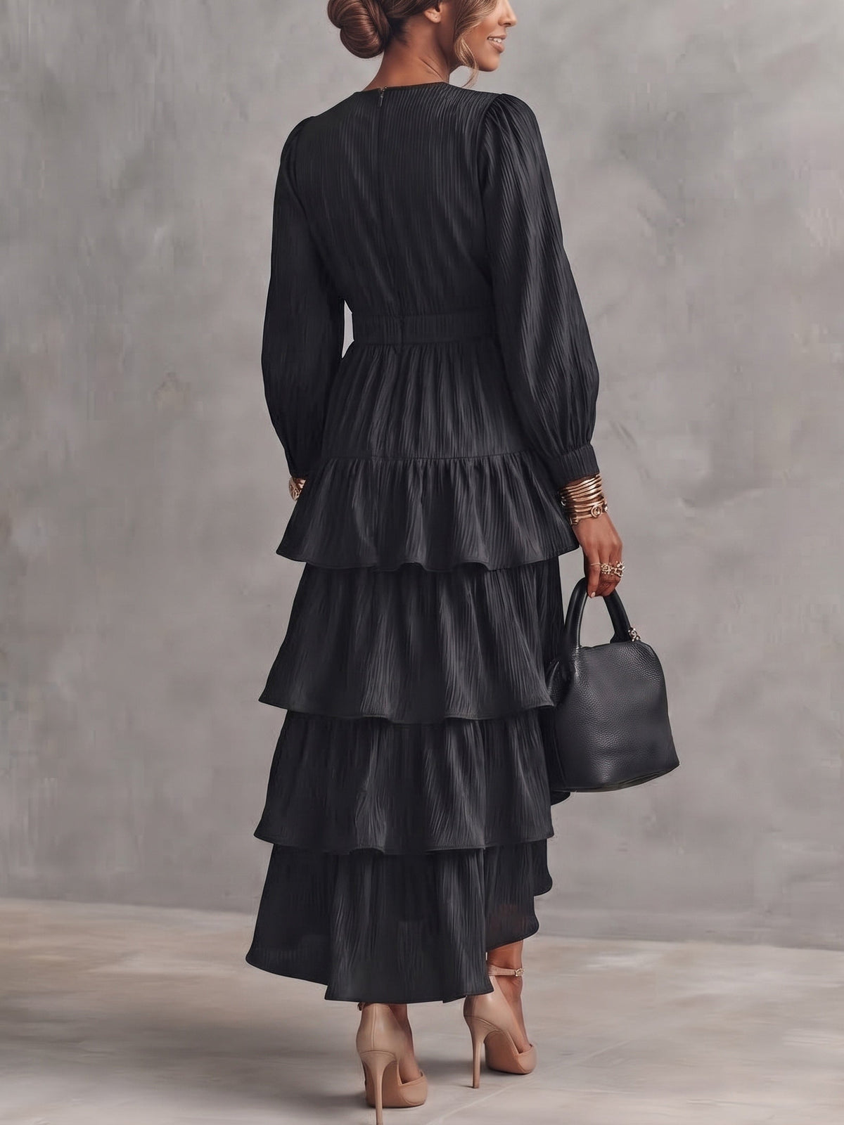 Black Plissé Satin Tiered‑Ruffle High‑Low Maxi Dress – Sienna Noosa