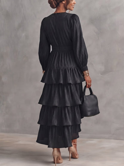 Black Plissé Satin Tiered‑Ruffle High‑Low Maxi Dress – Sienna Noosa