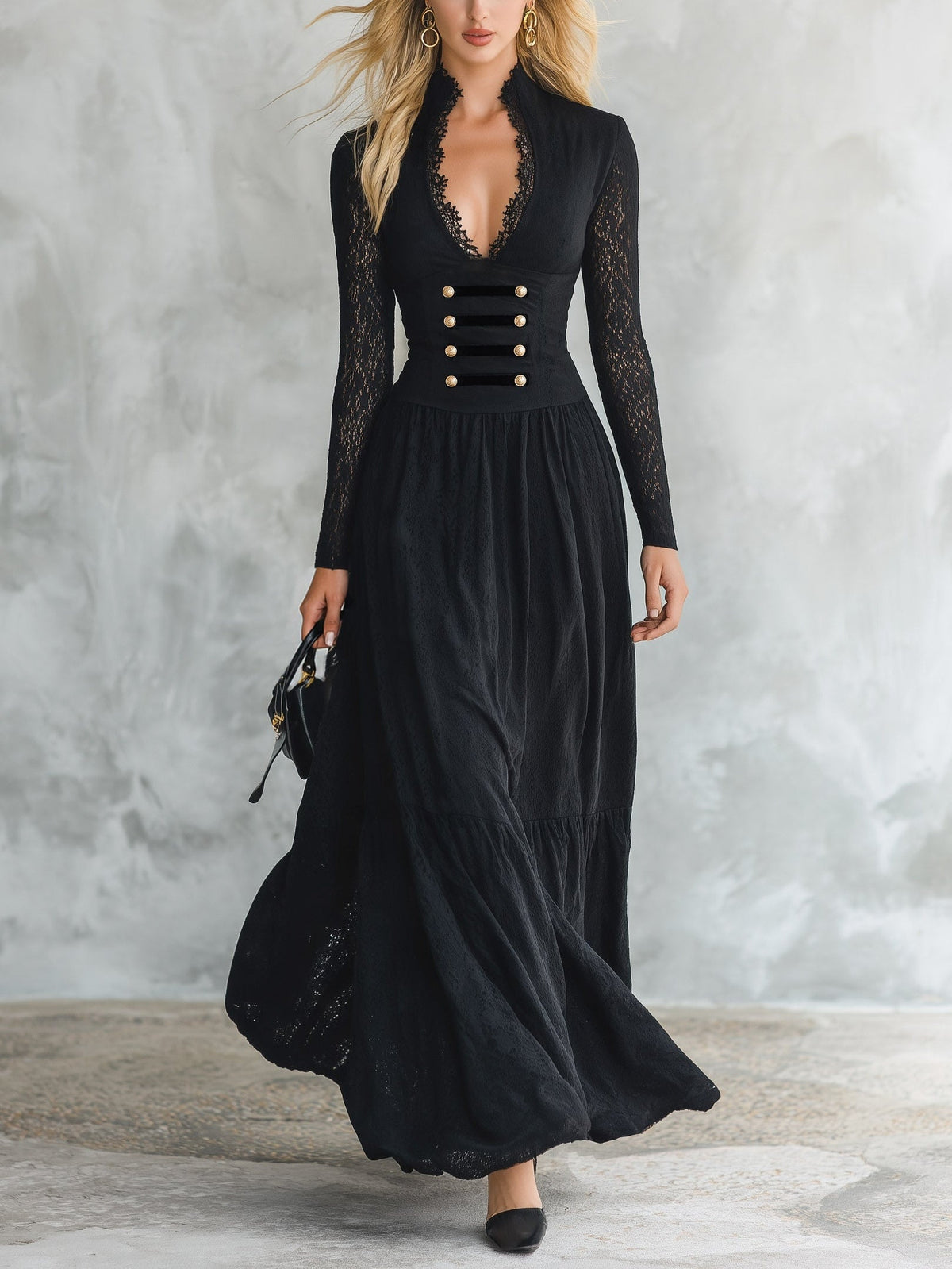 Gothic Black V-neck Lace Sleeve Gold Button Maxi Dress – Sienna Noosa