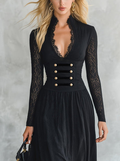 Gothic Black V-neck Lace Sleeve Gold Button Maxi Dress – Sienna Noosa