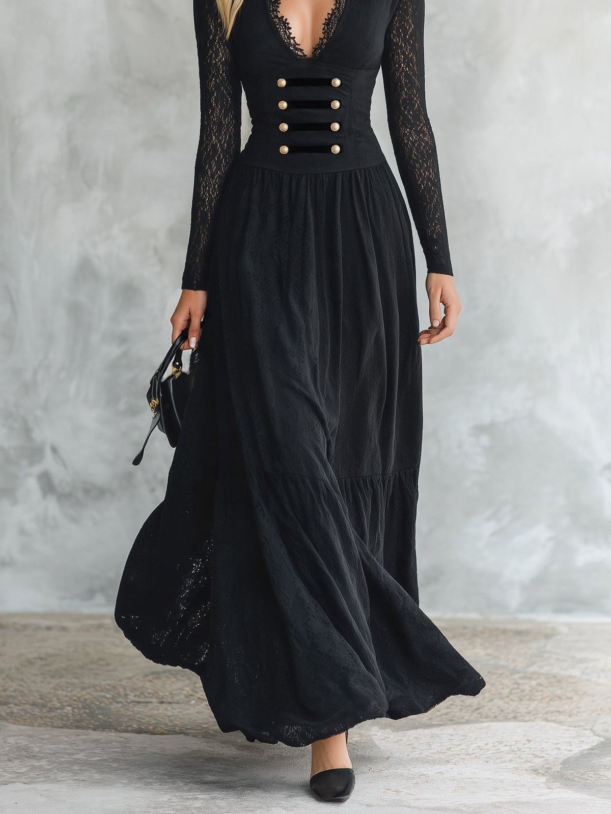 Gothic Black V-neck Lace Sleeve Gold Button Maxi Dress – Sienna Noosa