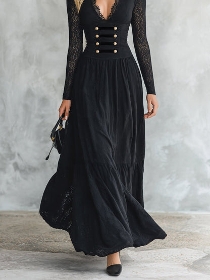 Gothic Black V-neck Lace Sleeve Gold Button Maxi Dress – Sienna Noosa