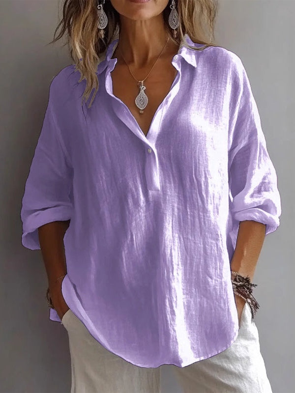 Casual Loose Long Sleeve Linen V-Neck Shirt – Sienna Noosa
