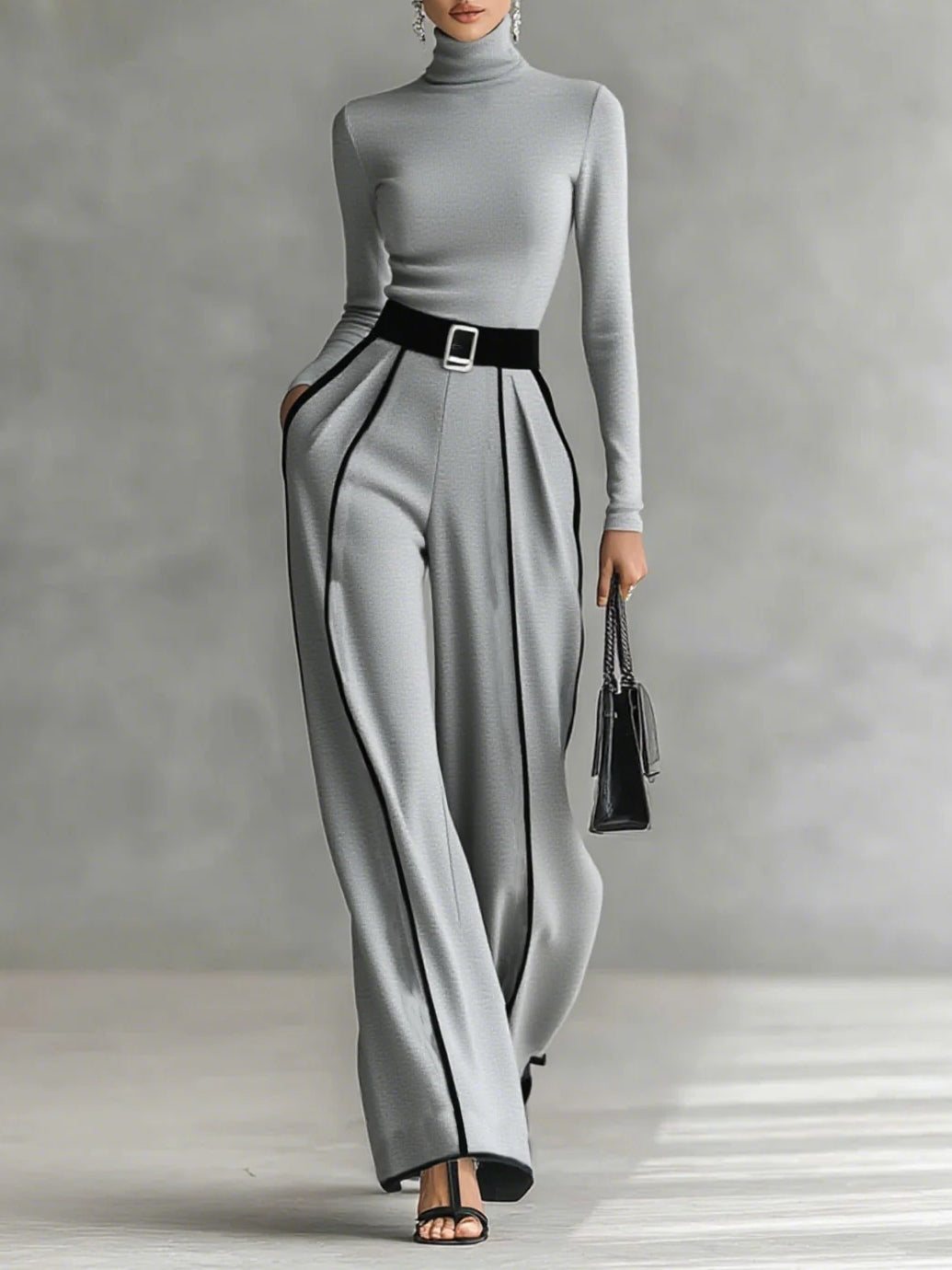 White Trim High Neck Long Sleeved Top with Wide Leg Pants and Belt Set – Sienna Noosa