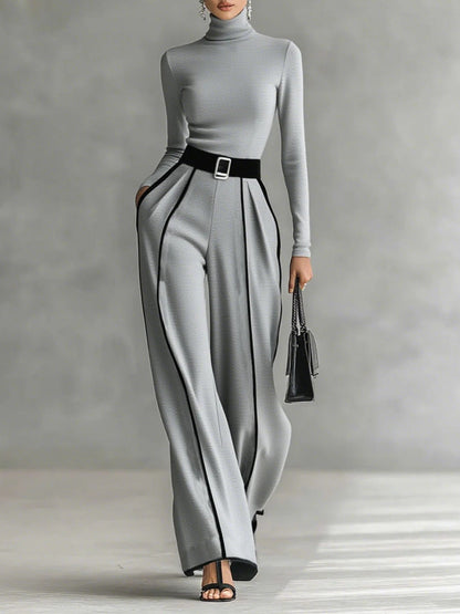 White Trim High Neck Long Sleeved Top with Wide Leg Pants and Belt Set – Sienna Noosa