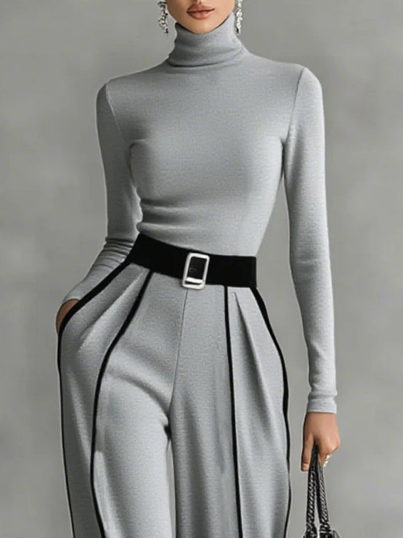White Trim High Neck Long Sleeved Top with Wide Leg Pants and Belt Set – Sienna Noosa