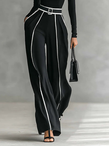 White Trim High Neck Long Sleeved Top with Wide Leg Pants and Belt Set – Sienna Noosa