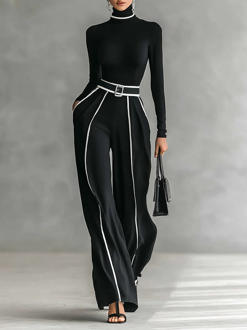 White Trim High Neck Long Sleeved Top with Wide Leg Pants and Belt Set – Sienna Noosa