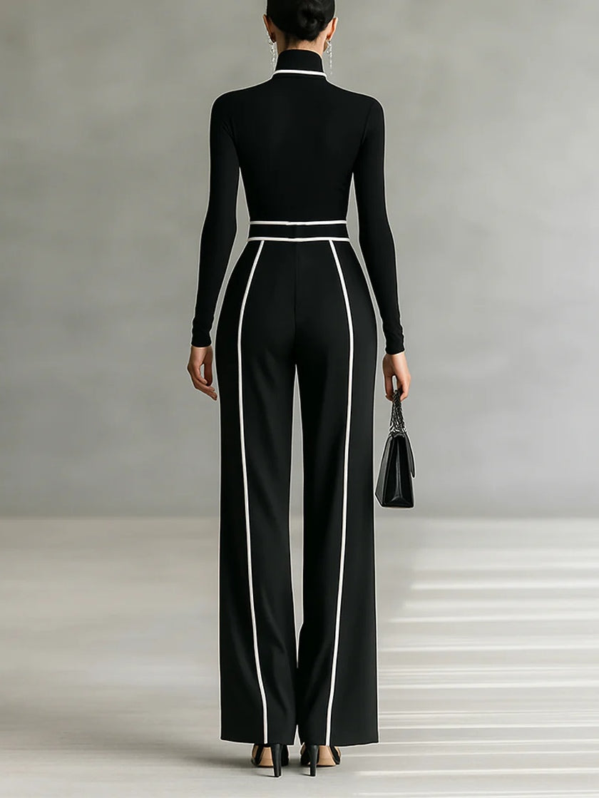 White Trim High Neck Long Sleeved Top with Wide Leg Pants and Belt Set – Sienna Noosa