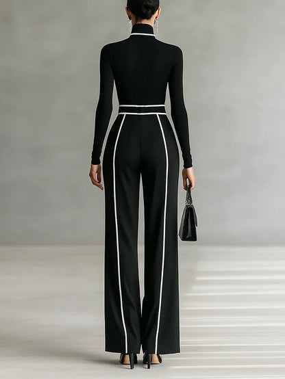 White Trim High Neck Long Sleeved Top with Wide Leg Pants and Belt Set – Sienna Noosa