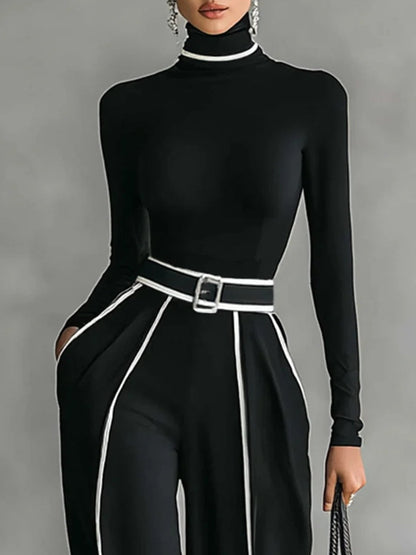 White Trim High Neck Long Sleeved Top with Wide Leg Pants and Belt Set – Sienna Noosa
