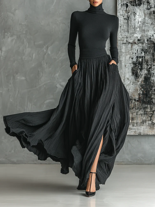 Fashion All Black Skinny Turtleneck T-shirt Shirt Pleated Skirt Set – Sienna Noosa