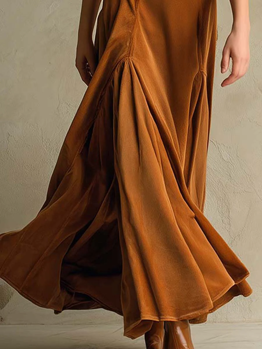 Mercedes Brown Elegant Retro Suit Collar Velvet Long Dress – Sienna Noosa