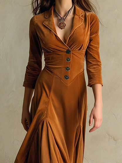 Mercedes Brown Elegant Retro Suit Collar Velvet Long Dress – Sienna Noosa