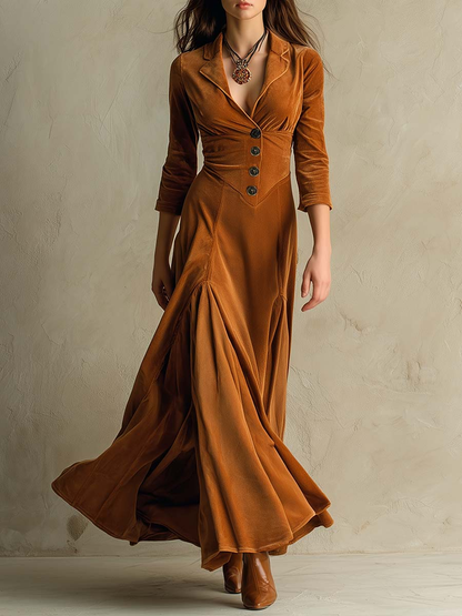 Mercedes Brown Elegant Retro Suit Collar Velvet Long Dress – Sienna Noosa